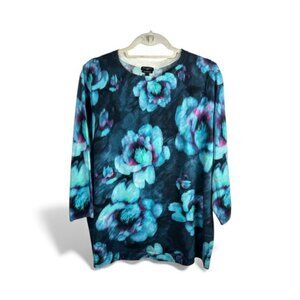 Talbots 100% Pure Merino Wool Watercolor Floral Print 3/4 Sleeve Sweater Size 3X